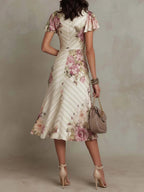 Elegant vintageblommig satin midi-klänning