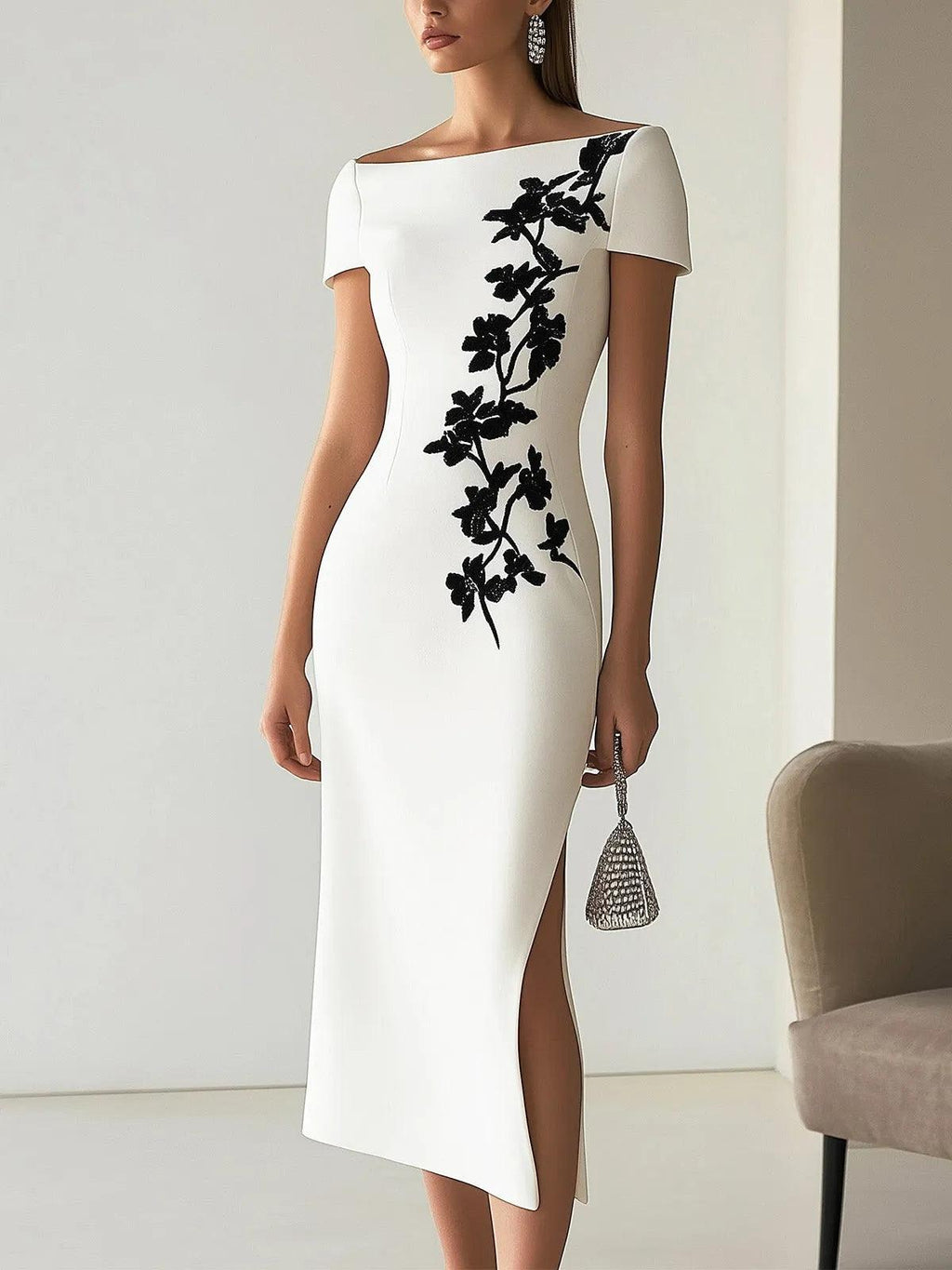 Chic Blommig Print Båthalsad Midiklänning